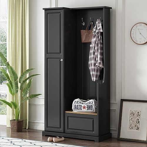 Black Hall Tree with Flip-Up Bench, Shoe Cabinet with Adjustable Shelves, Coat Rack with Hanging Hooks U283140