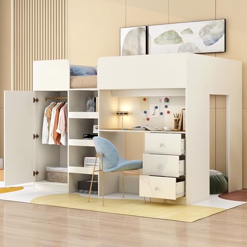 Gray Full Size Wood Loft Bed with Desk L82619