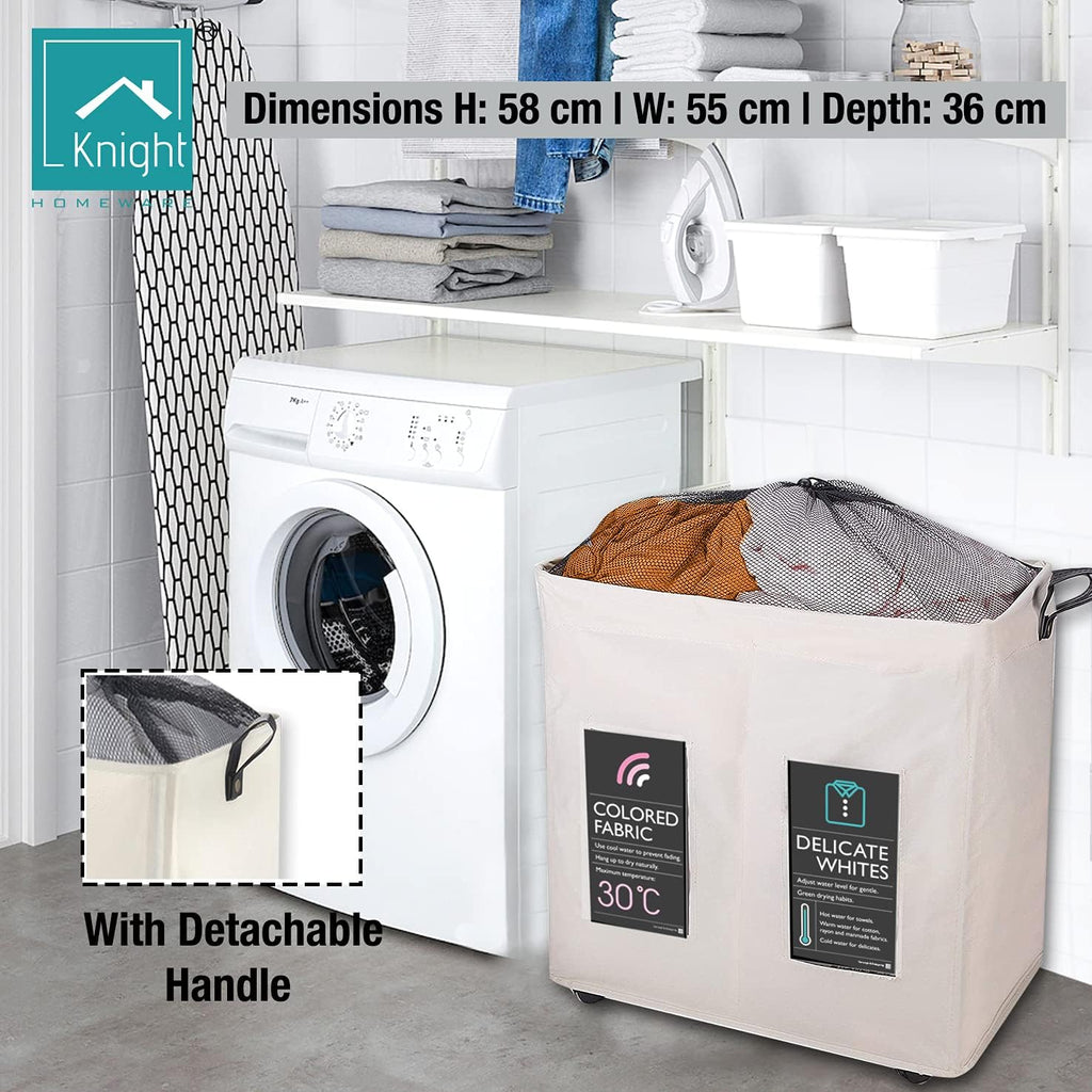 120L Collapsible Laundry Basket with Wheels, 2 Section, Mesh Cover, Handles, Ivory I50558