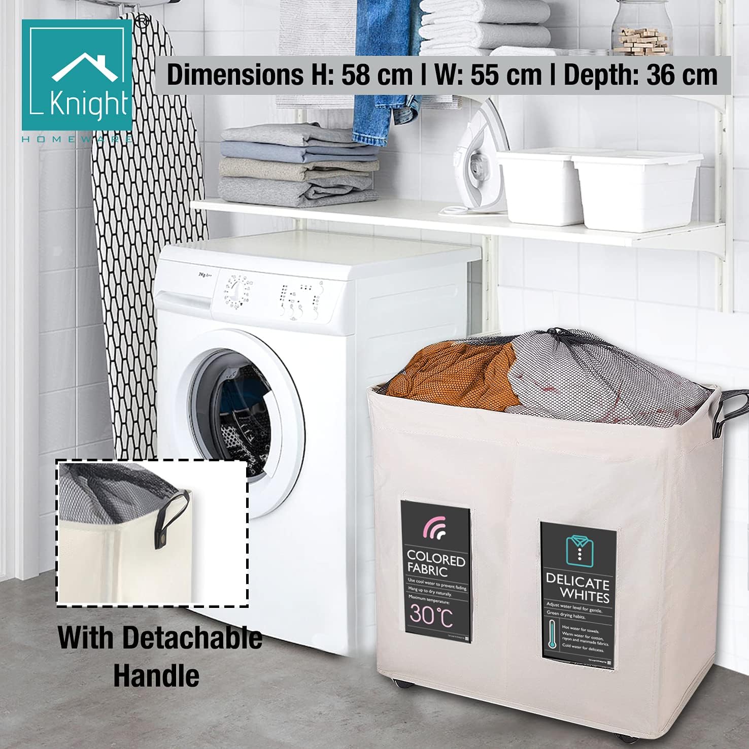 120L Collapsible Laundry Basket with Wheels, 2 Section, Mesh Cover, Handles, Ivory I50558