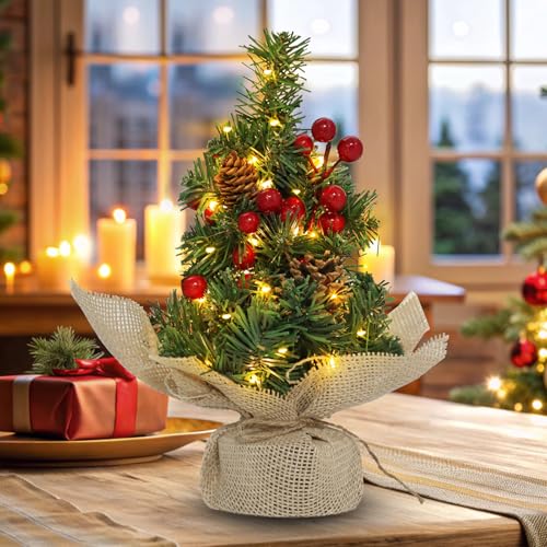 12 Inch Mini Tabletop Artificial Christmas Tree with Timer Lights Pinecones Red Berries Y4446