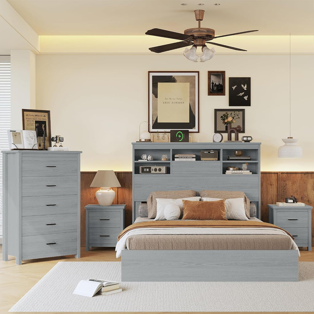 Queen Size Wooden Bed Frame with 2 Nightstands and 1 Dresser W366742