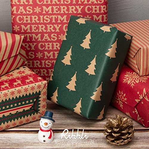 6 Rolls Kraft Christmas Wrapping Paper with Snowflake/Tree/Red Stripe/Merry Christmas Pattern, 17 inch x 120 inch Per Roll P58520