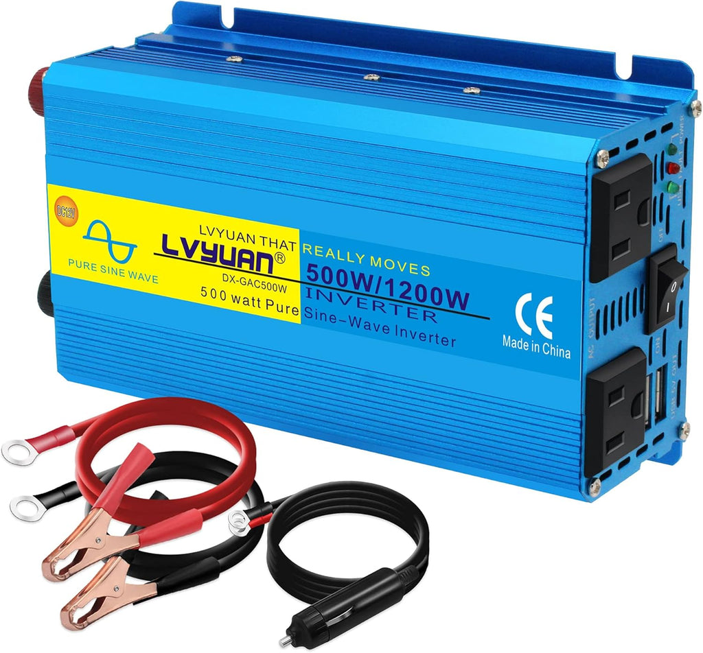 500W Pure Sine Wave Power Inverter DC 12V to AC 110V with Dual USB Ports Pack of 2 P744543