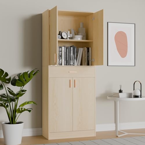 71" Tall 4 Doors Wood Freestanding Cupboard with Sliding Drawer and 2 Adjustable Shelves, Oak K5887