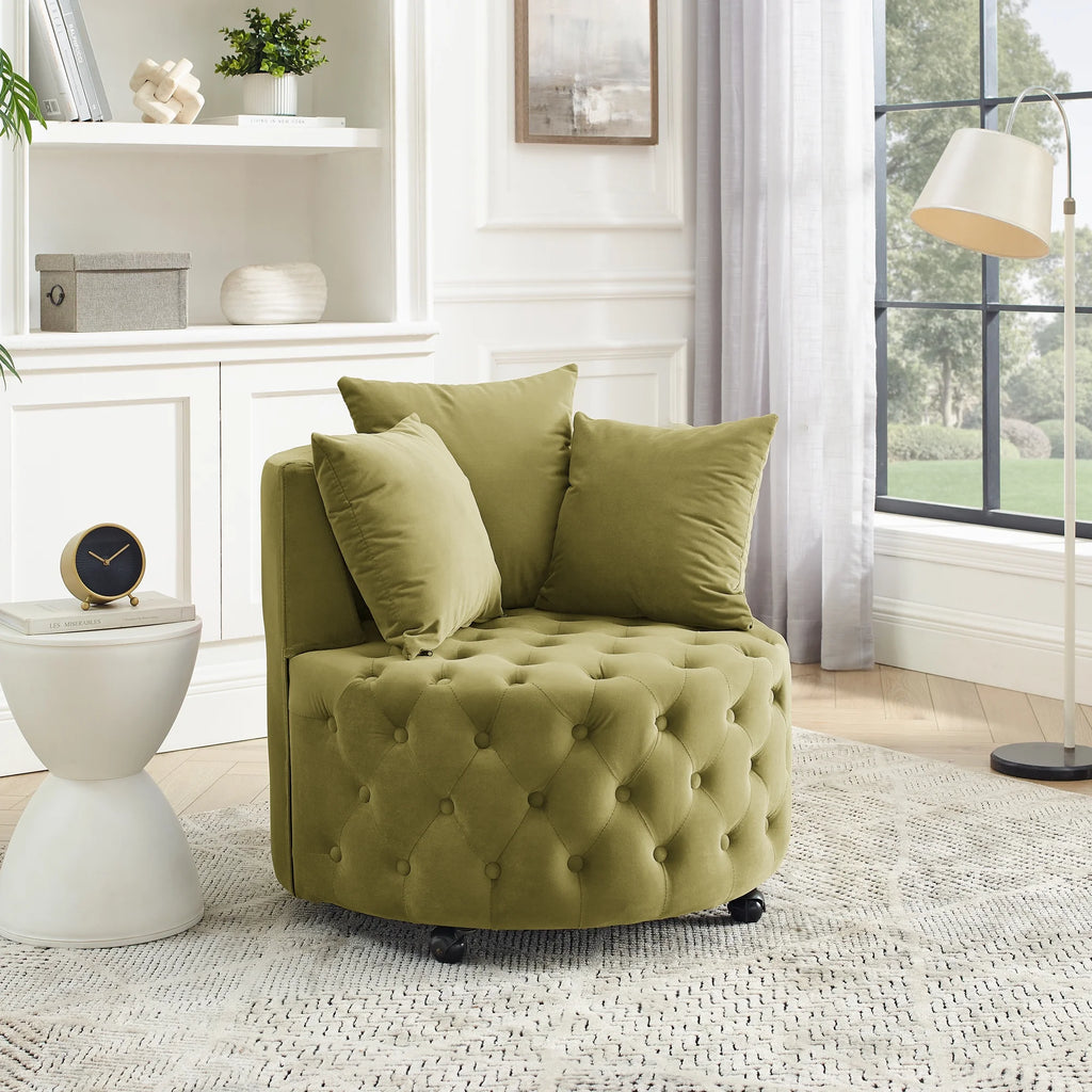 Khaki Green Velvet Swivel Chair with Wheels H93611