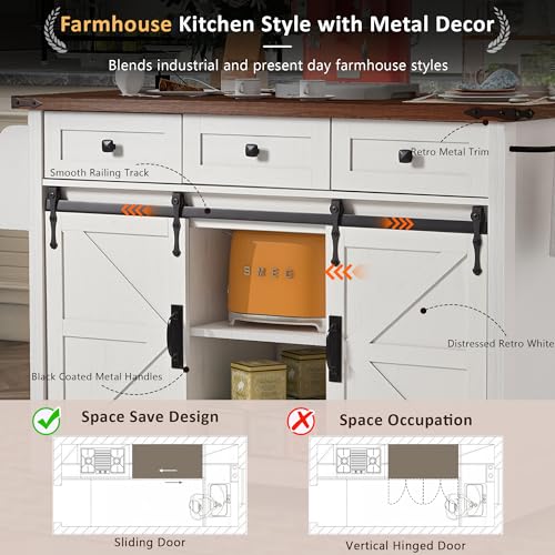 Rustic Kitchen Island With Power Outlet, Sliding Barn Doors, Drop Leaf, Drawers and Spice Rack H231543