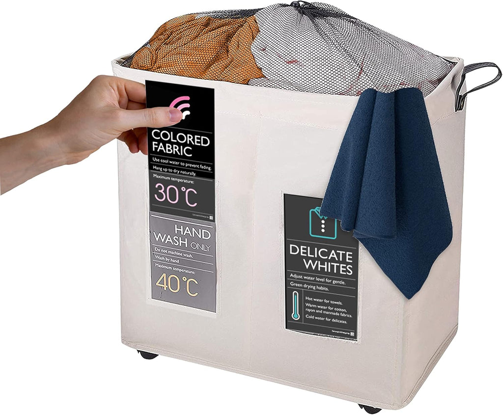 120L Collapsible Laundry Basket with Wheels, 2 Section, Mesh Cover, Handles, Ivory I50558
