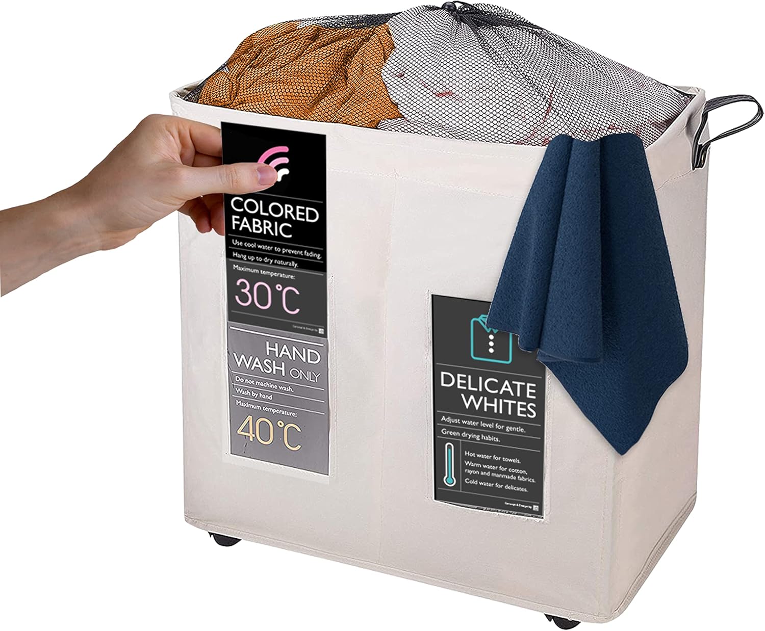 120L Collapsible Laundry Basket with Wheels, 2 Section, Mesh Cover, Handles, Ivory I50558