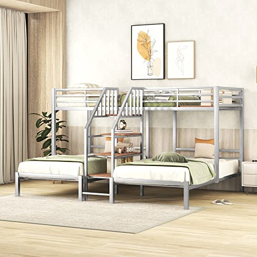 Full-Over-Twin-Twin Solid Wood Triple Bunk Bed with Wardrobe and Mirror (Grey) O3292