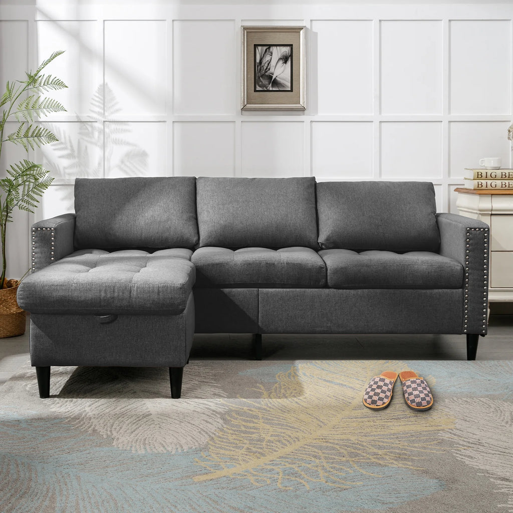 Reversible Sectional Couch, 3 Seat L Shaped Modular Sleeper Sofa Bed with Storage Ottoman Chaise, Dark Grey O42958