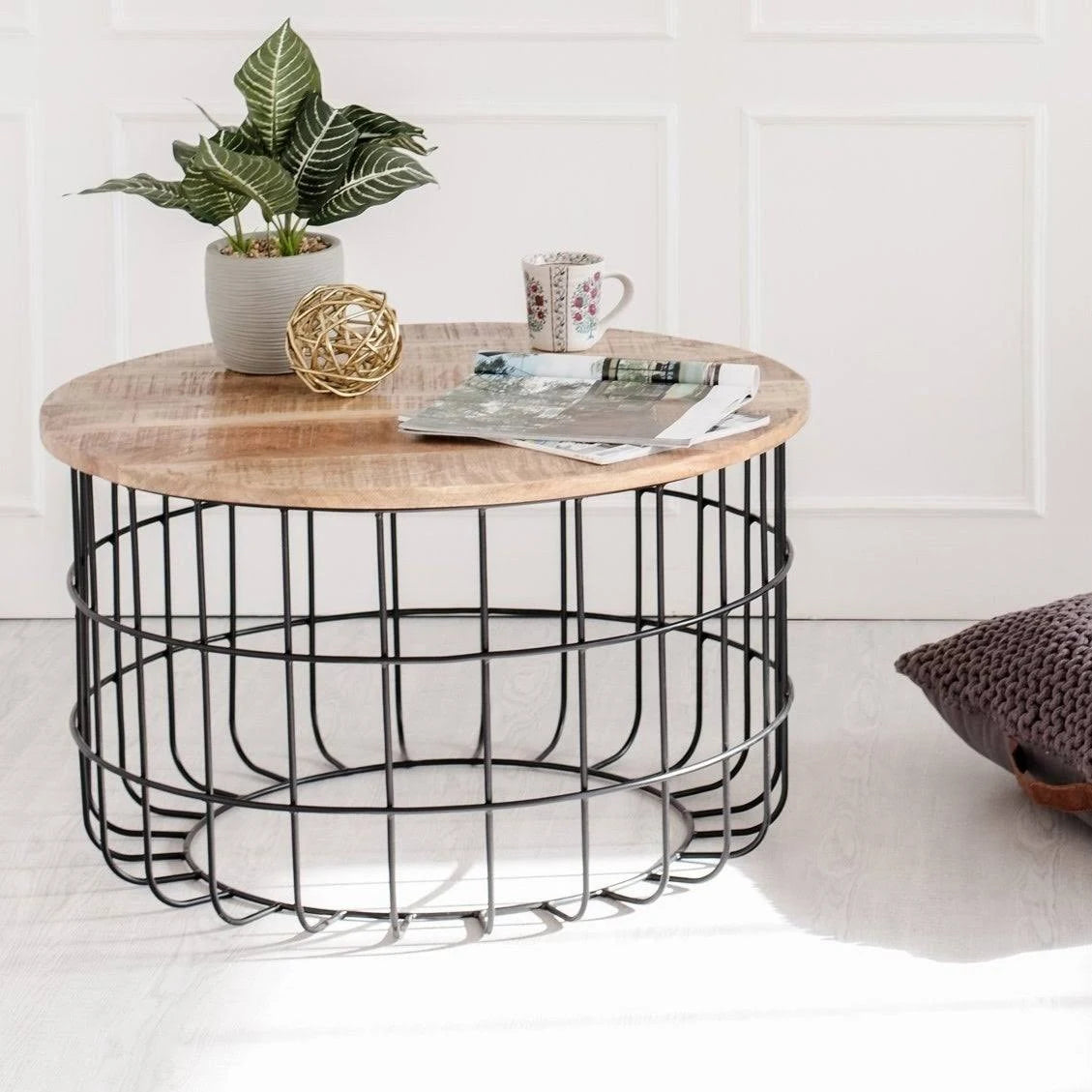 Black and Natural Wood Cage Coffee Table Q53123