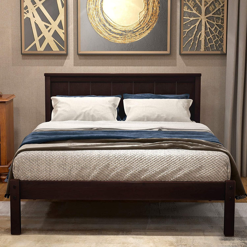 Full Size Solid Wood Platform Bed Frame with Headboard, Espresso J734393