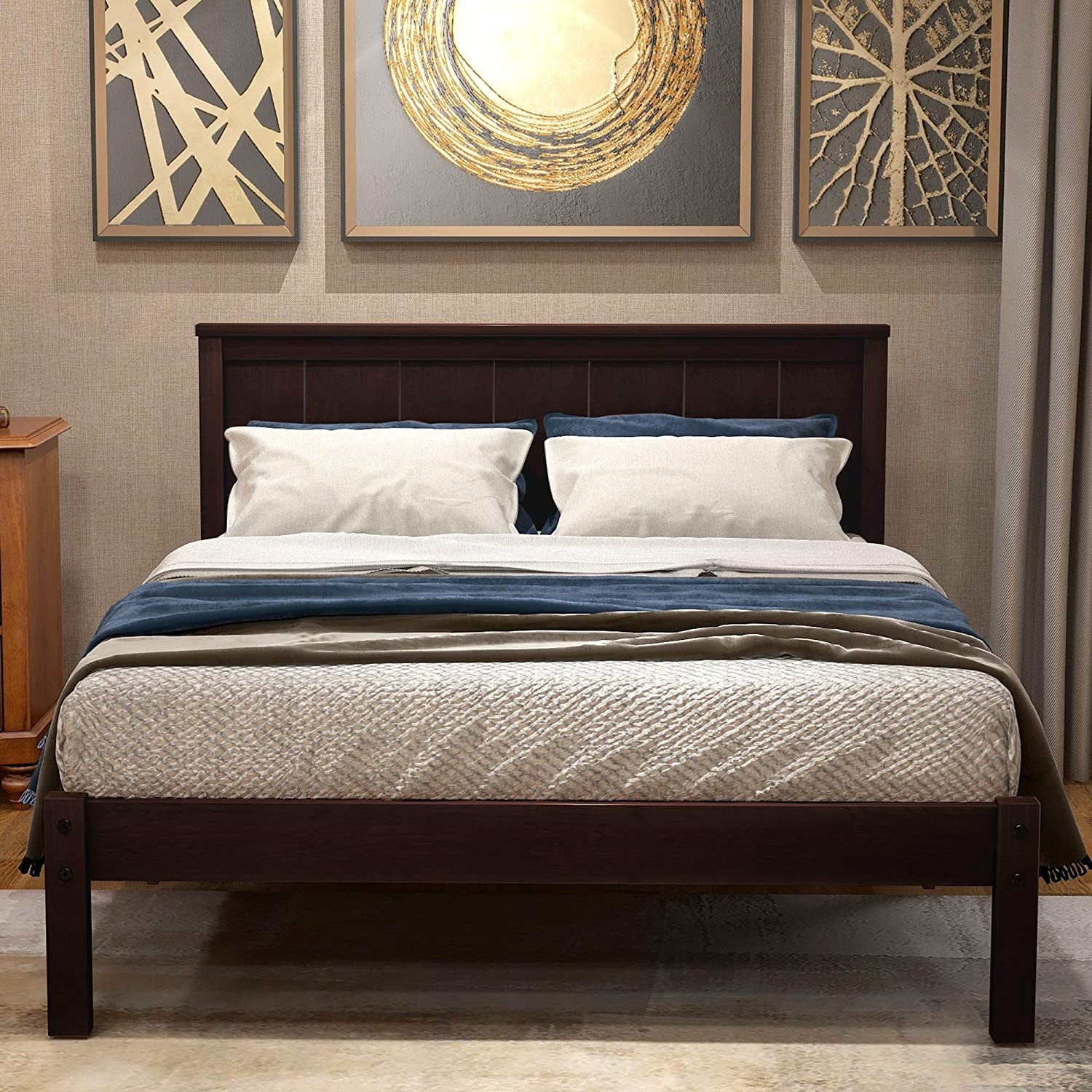 Full Size Solid Wood Platform Bed Frame with Headboard, Espresso J734393