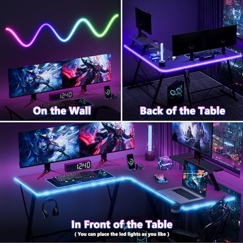 Black 51 Inch L Shaped Gaming Desk with LED Lights C27319