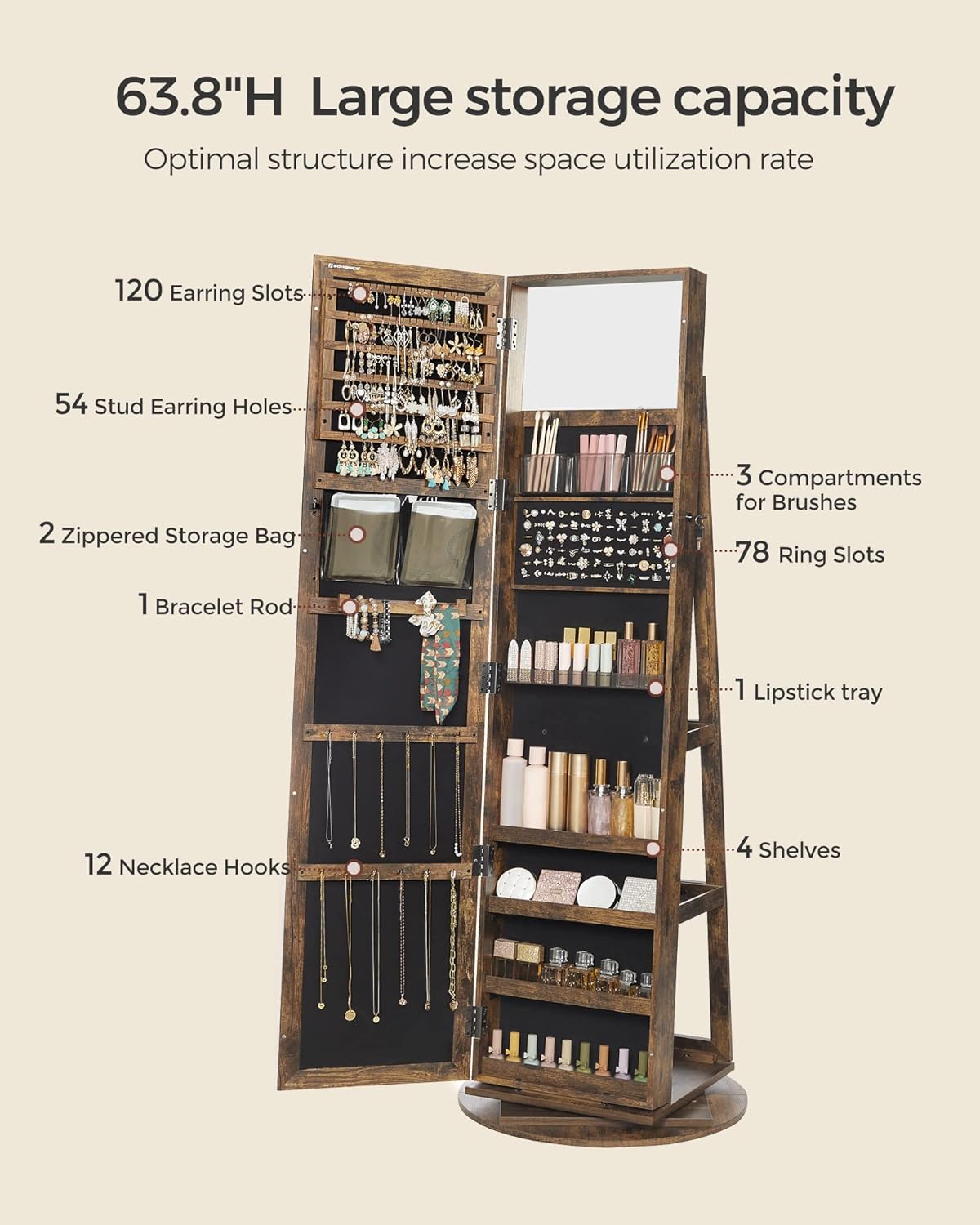 360° Swivel Jewelry Cabinet with Full-Length Mirror and 12-Slot Watch Box I957861