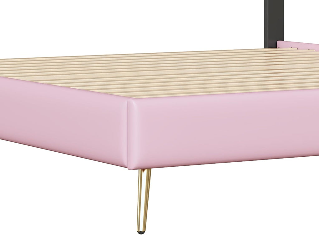 White and Pink Twin Upholstered Platform Bed with Light Strips and Golden Metal Legs L931996