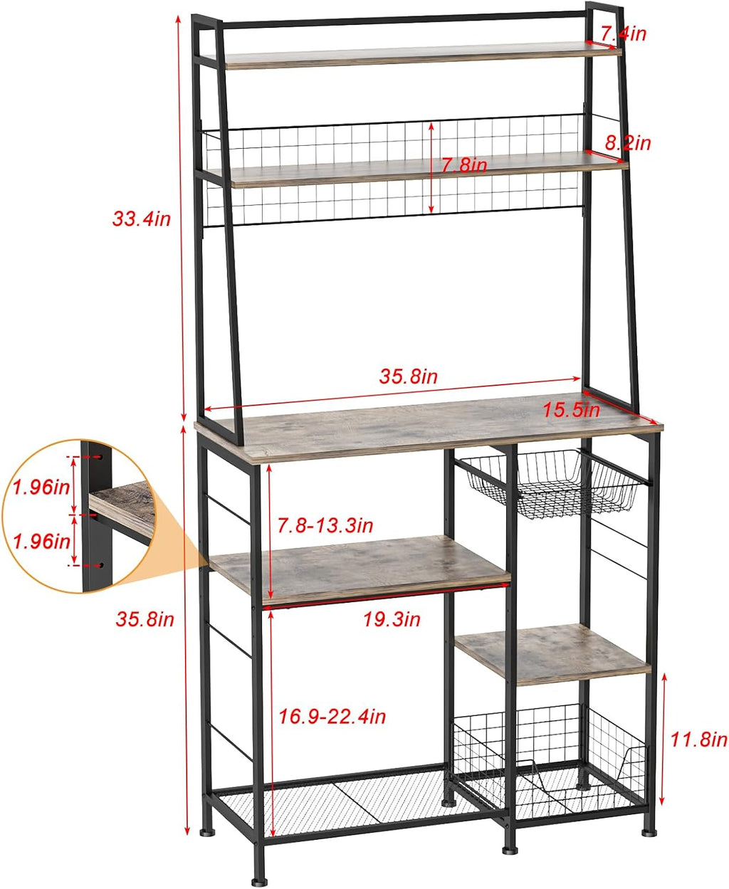 35.8" Large Farmhouse Coffee Station with 12 Hooks and Pull-Out Wire Basket, Coffee Bar Cart Table with Storage Shelves Rustic Brown G2373
