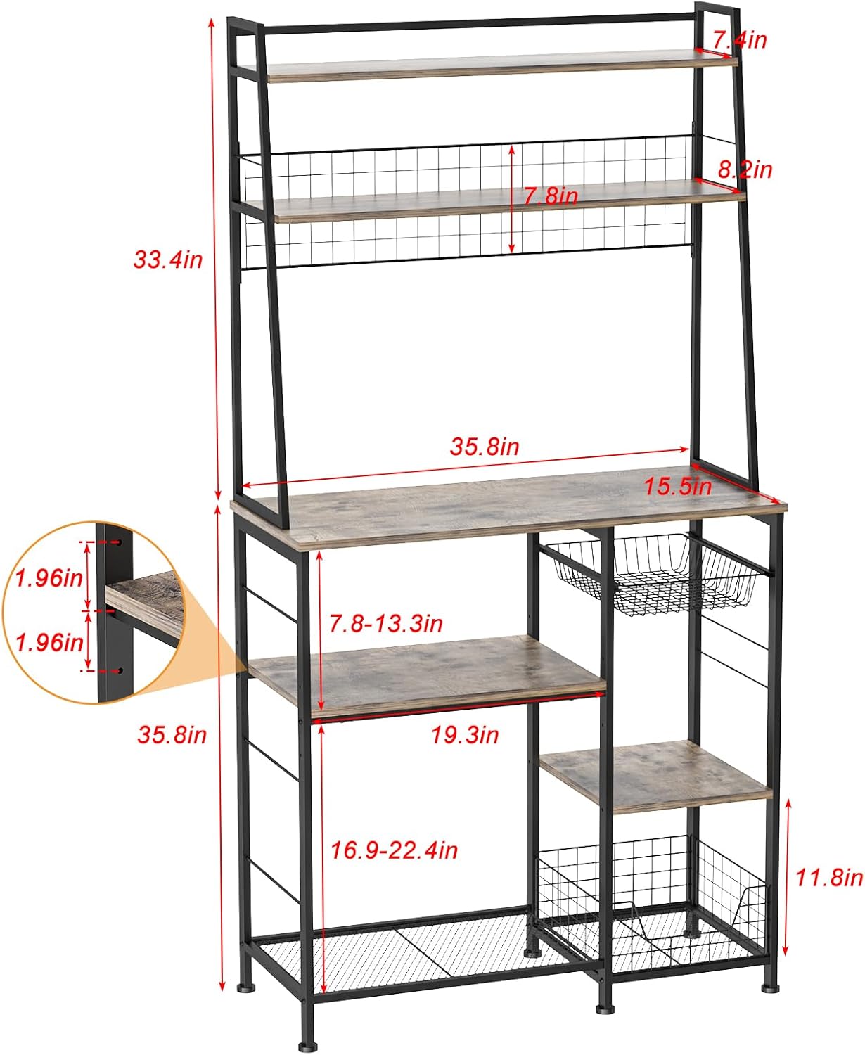 35.8" Large Farmhouse Coffee Station with 12 Hooks and Pull-Out Wire Basket, Coffee Bar Cart Table with Storage Shelves Rustic Brown G2373