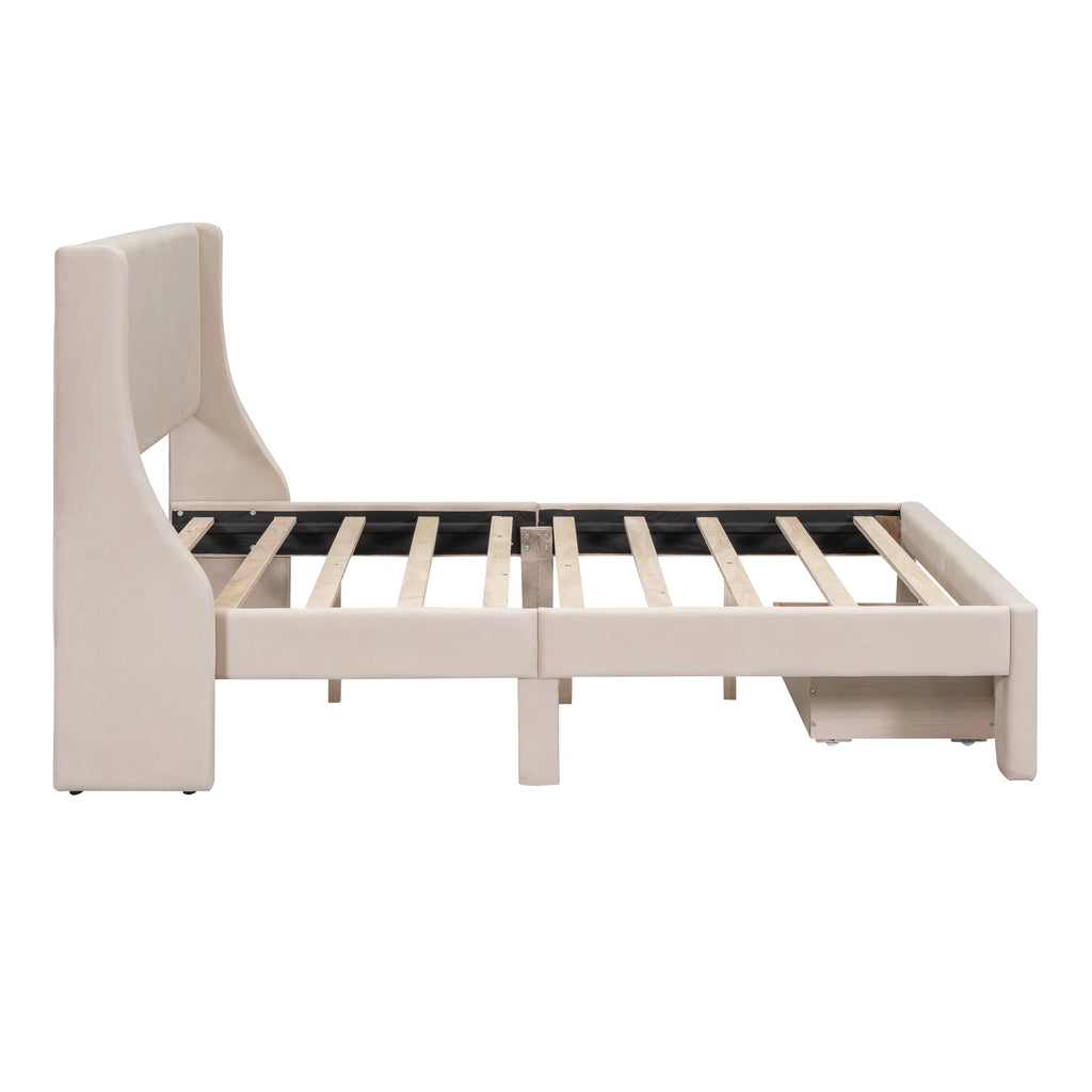 Beige Velvet Full Size Bed Frame with Storage Drawer H449846