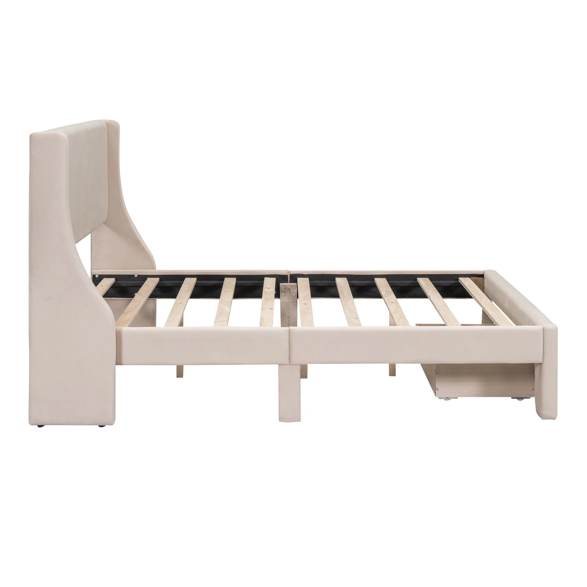 Beige Velvet Full Size Bed Frame with Storage Drawer H449846