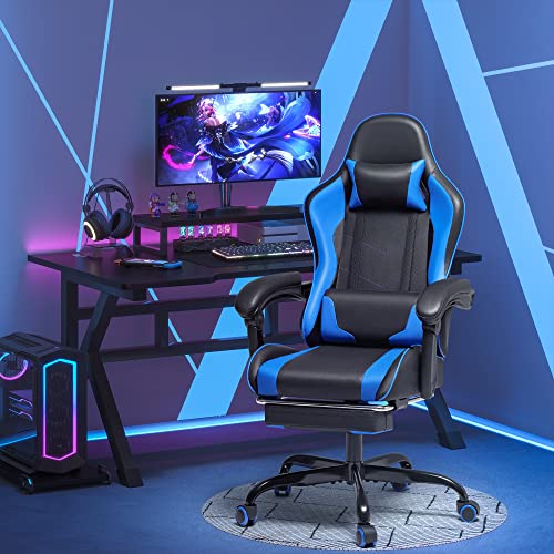 Blue Ergonomic Gaming Chair with Footrest and Massage Lumbar Support B22546