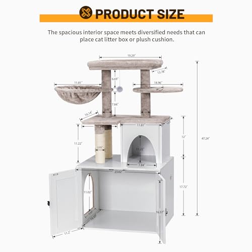 White Wooden Cat Litter Box Enclosure with Cat Tree Tower and Condo Y530