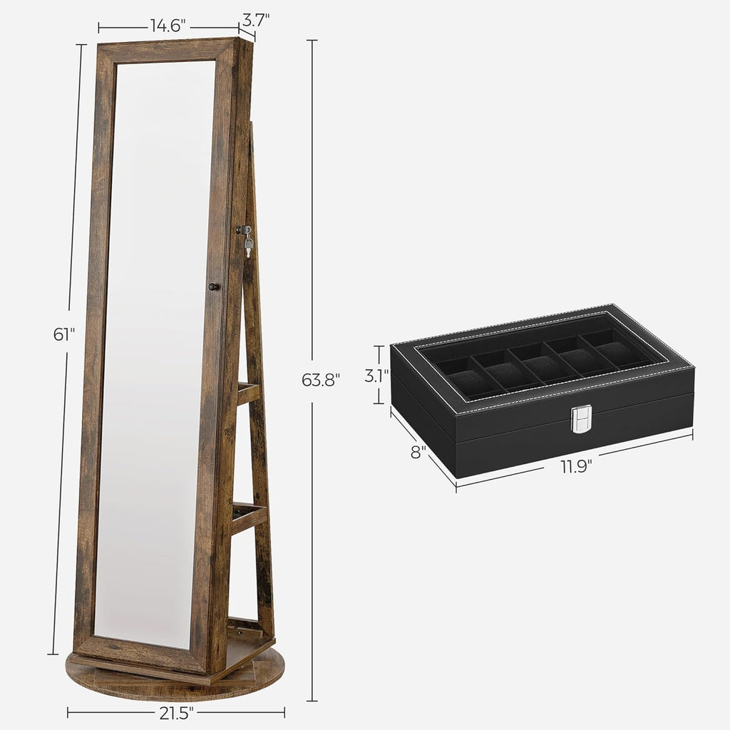 360° Swivel Jewelry Cabinet with Full-Length Mirror and 12-Slot Watch Box I957861