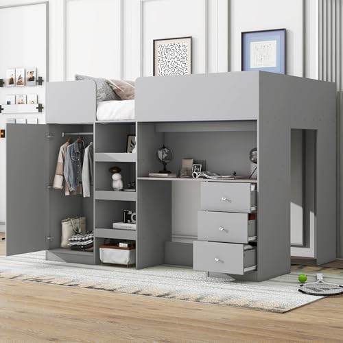 Gray Full Size Wood Loft Bed with Desk L82619