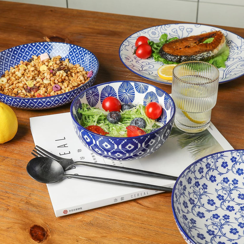 16 Pieces Ceramic Dinnerware Set with 8 Inch Rectangular Salad Plates, Blue I984
