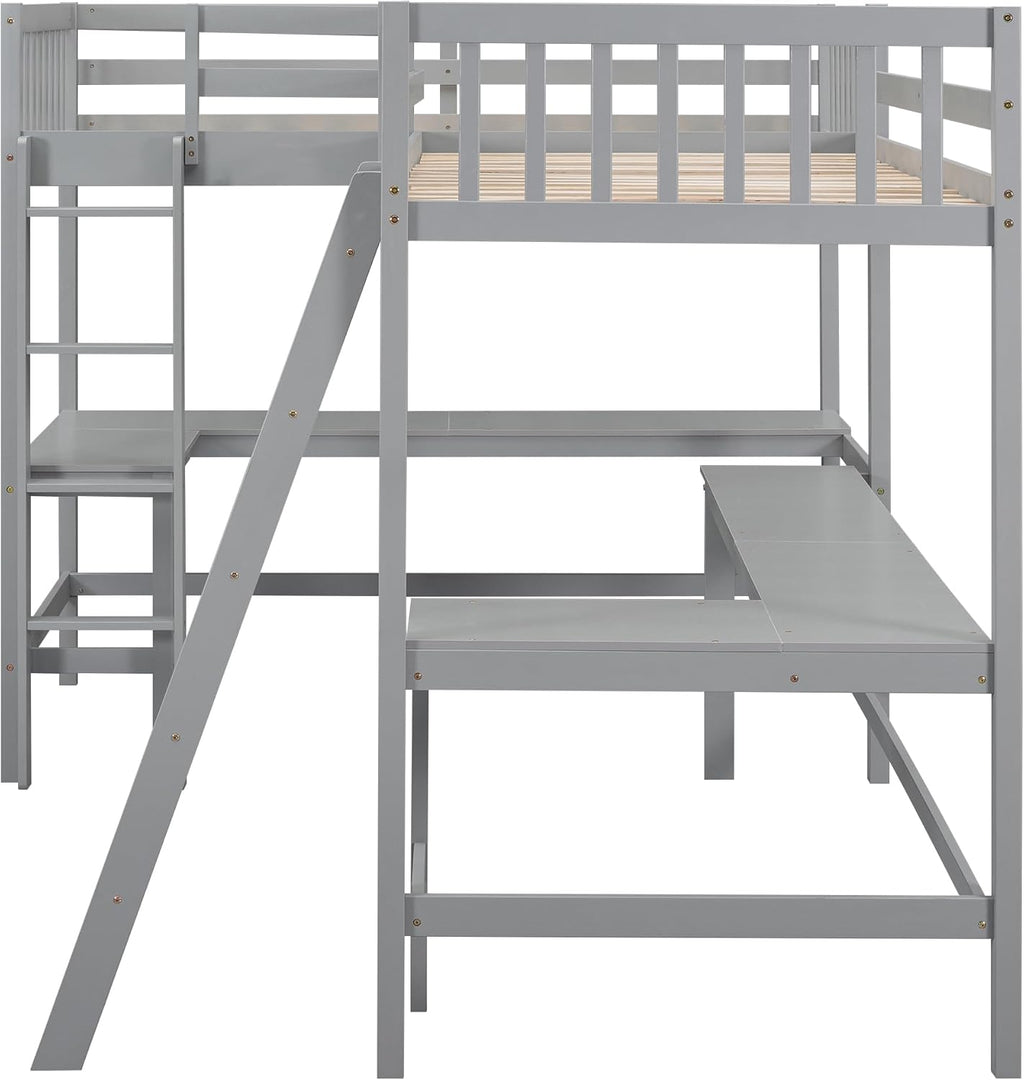 Gray Wooden L-Shaped Double Twin Size Loft Bed Frame with 2 Built-in Desks and Ladder E654