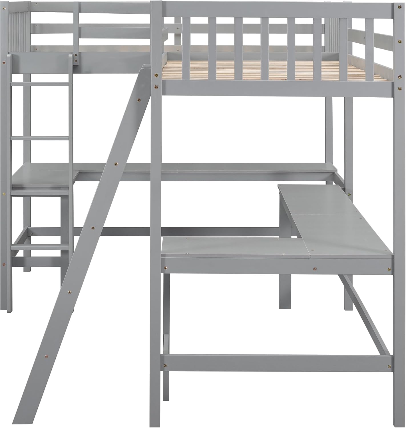 Gray Wooden L-Shaped Double Twin Size Loft Bed Frame with 2 Built-in Desks and Ladder E654
