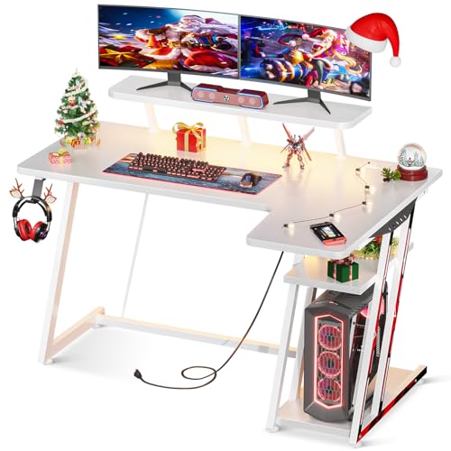 Black 55 Inch L Shaped Gaming Desk with LED Lights I4145