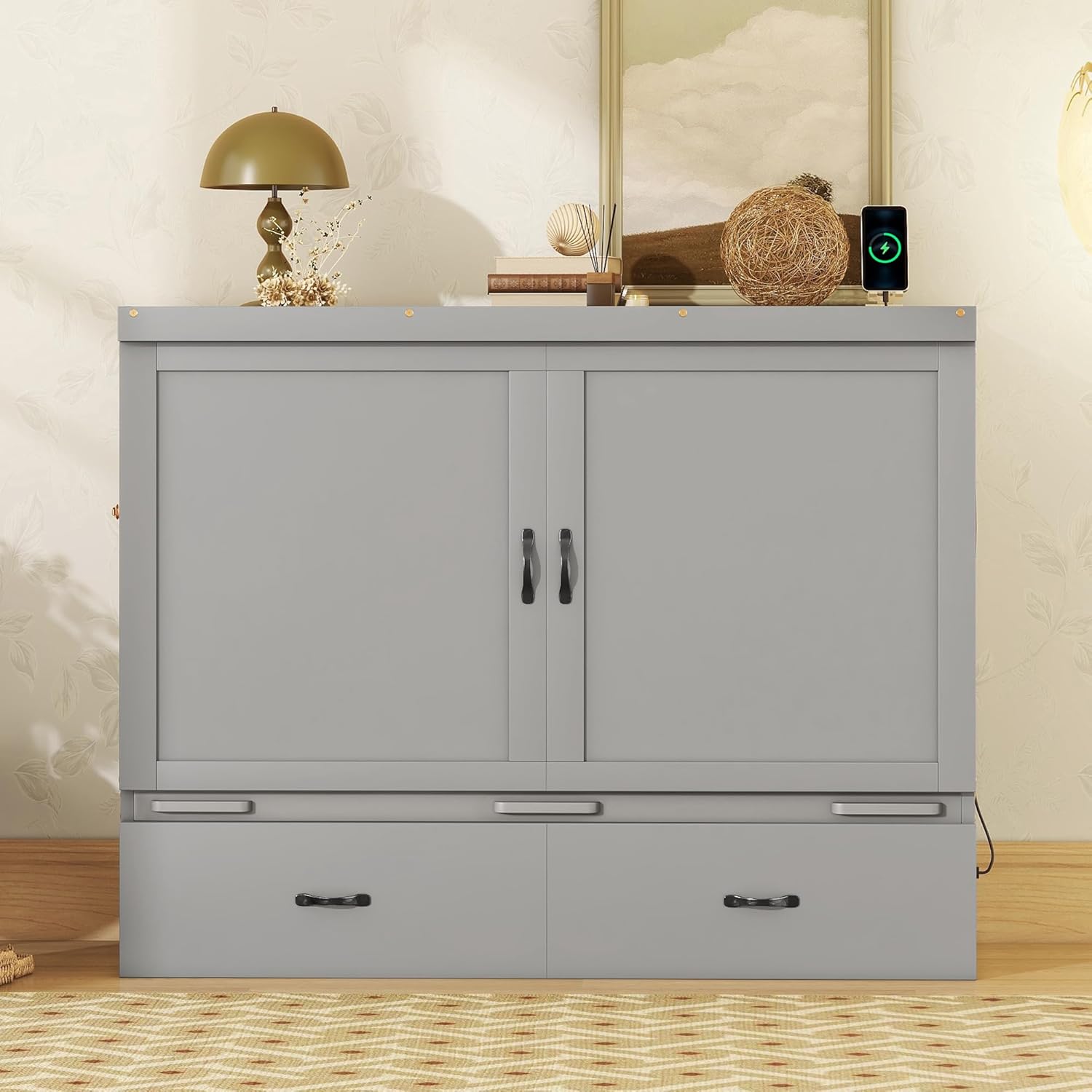 Gray Queen Size Murphy Bed with Storage Drawer U84131