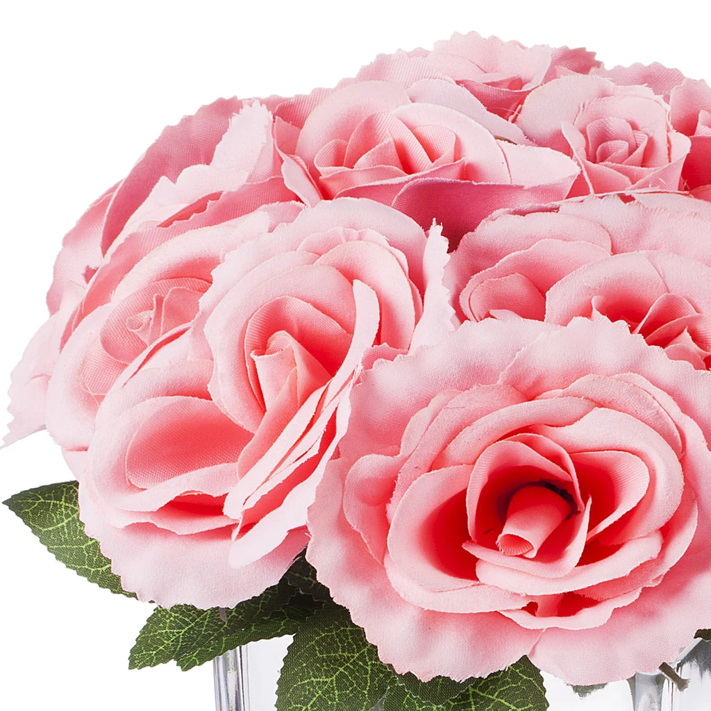 Pink Velvet Roses Artificial Flowers in Cube Glass Vase B934