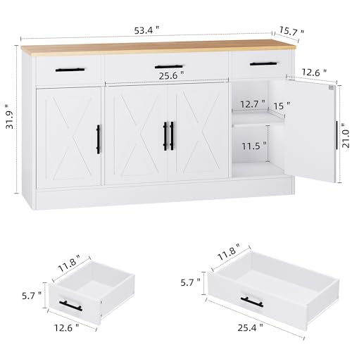 White 53.4" Wood Buffet Cabinet with 3 Drawers and 4 Doors N2279