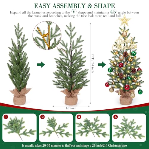 24-inch Mini Christmas Tree with 30 LED Lights & 26 Ornaments, PE Branch Tips & Cement Base E893929