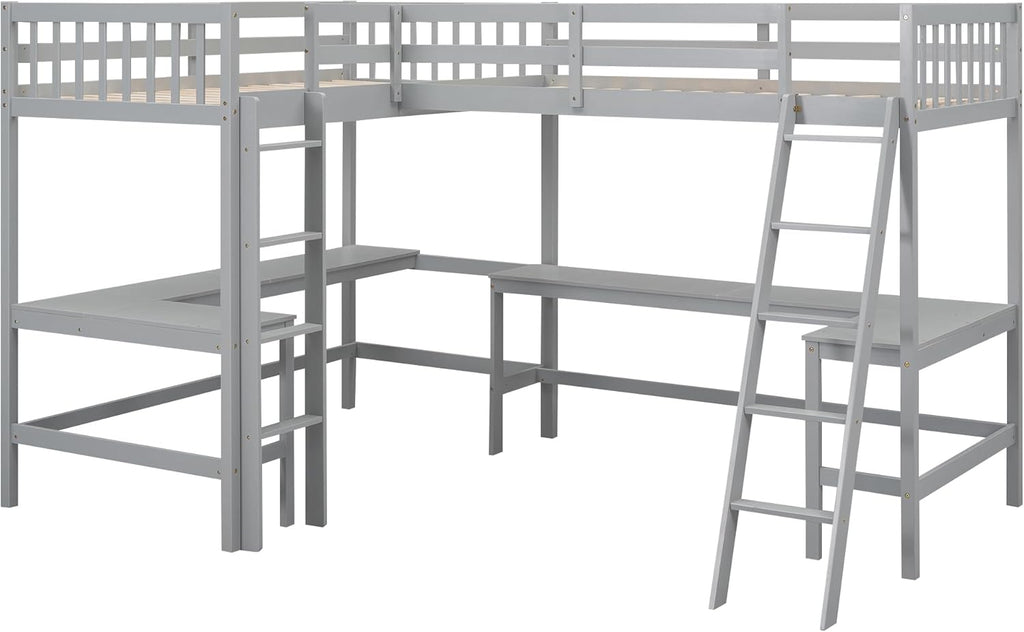 Gray Wooden L-Shaped Double Twin Size Loft Bed Frame with 2 Built-in Desks and Ladder E654