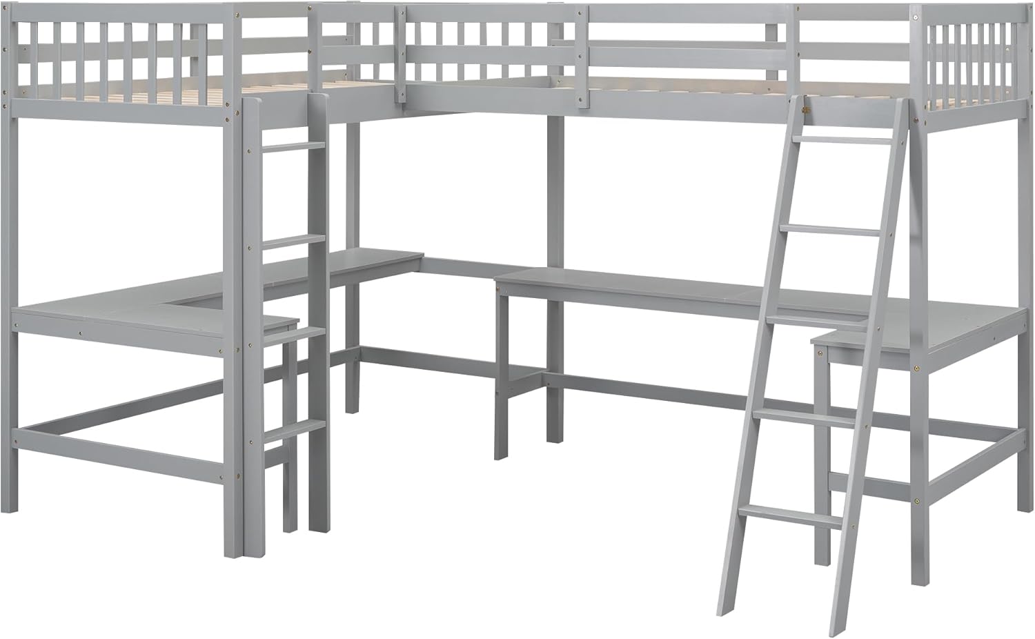 Gray Wooden L-Shaped Double Twin Size Loft Bed Frame with 2 Built-in Desks and Ladder E654