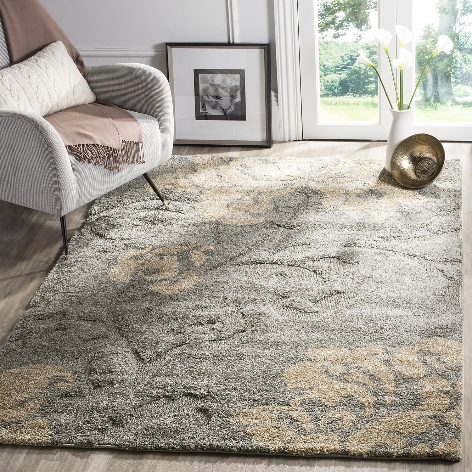 Grey & Beige Floral Area Rug, 8'6" x 12', 1.2-inch Thick L10080