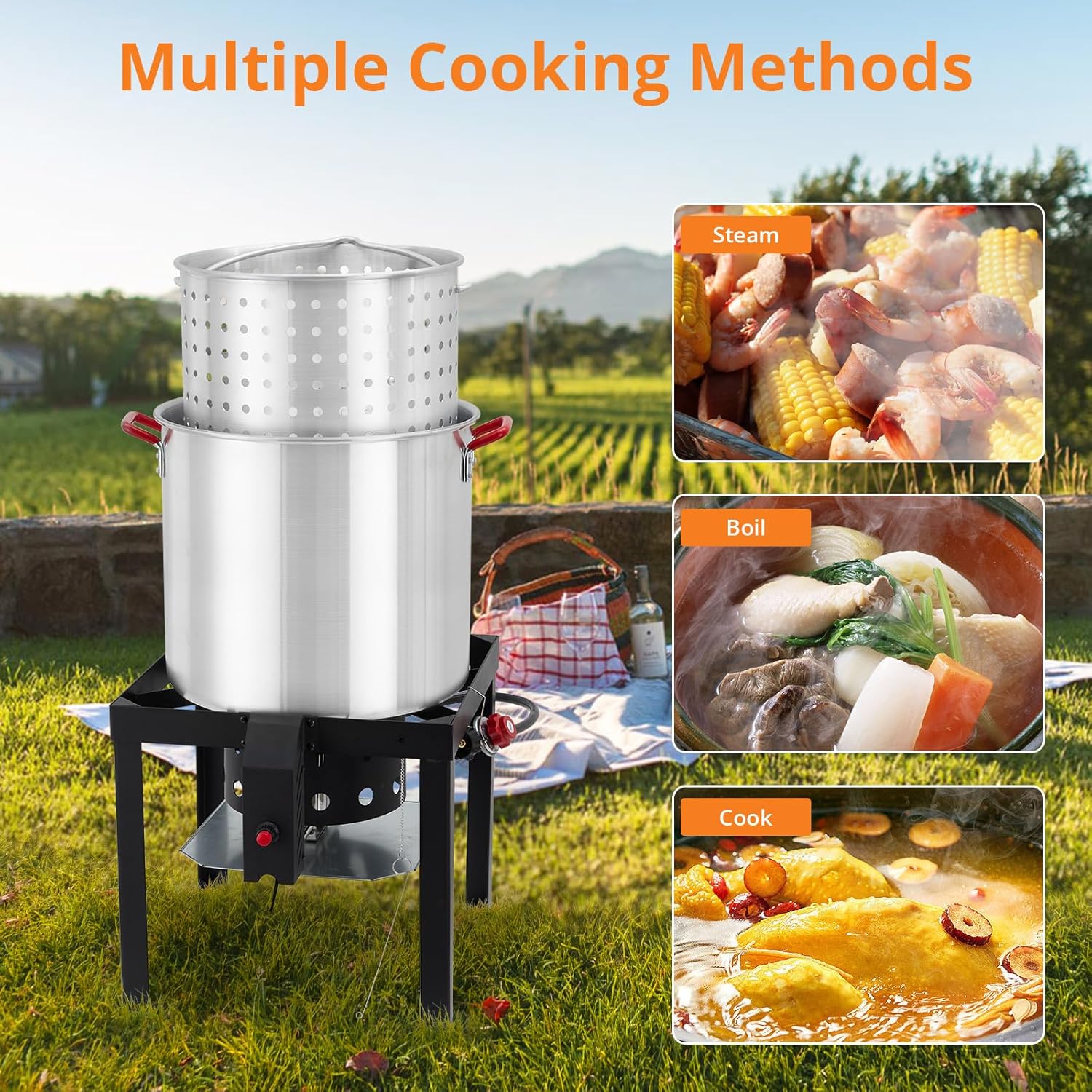 80 Qt Aluminum Seafood Boil Pot with Steam Basket and Propane Jet Burner Z1446