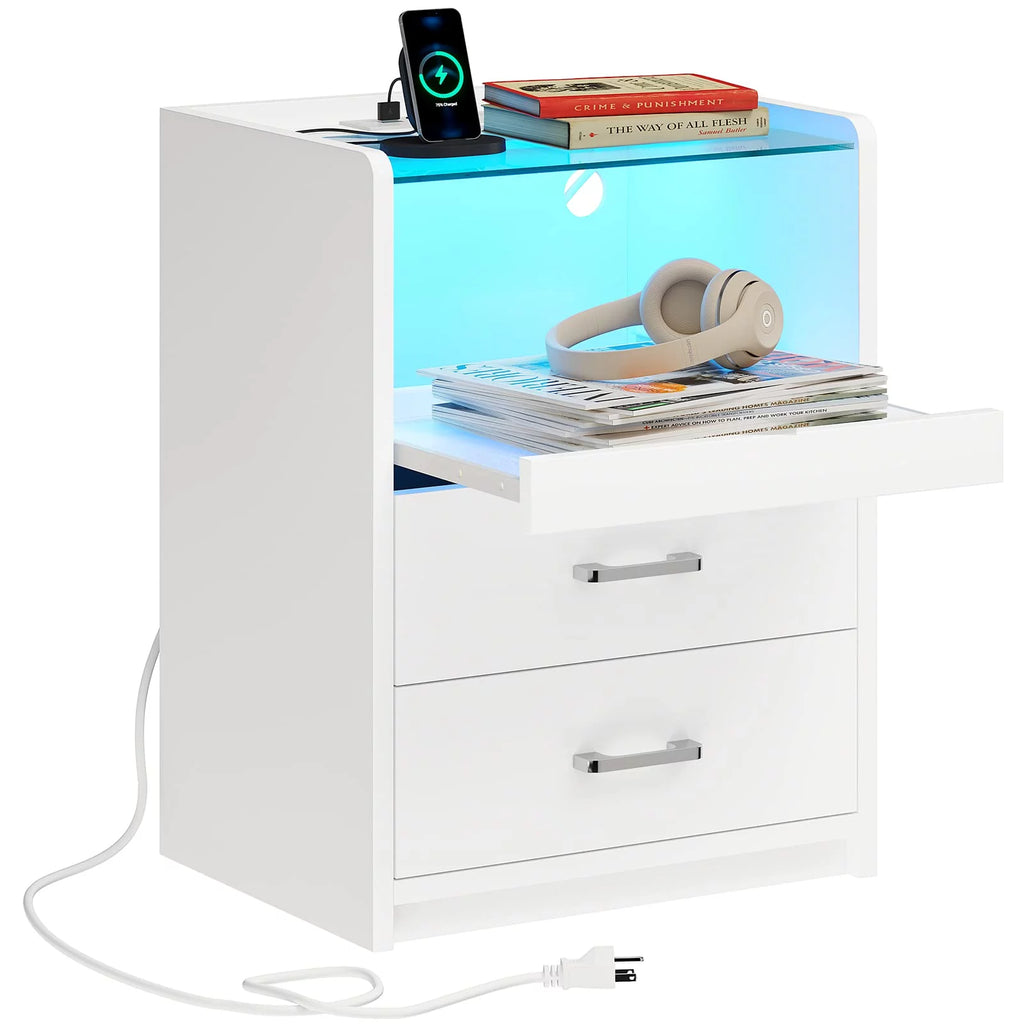 White LED Nightstand with 2 Drawers and Pull-Out Shelf Z37050