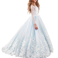 Girls Long Sleeve Lace Flower Wedding Bridesmaid Party Dresses Floor Length Tulle Ball Gown V455