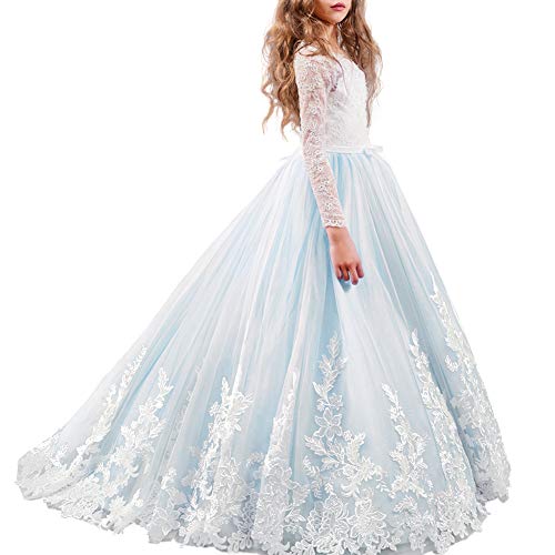 Girls Long Sleeve Lace Flower Wedding Bridesmaid Party Dresses Floor Length Tulle Ball Gown V455