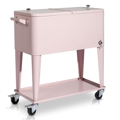 80 Quart Rolling Ice Chest on Wheels Drink Cooler Cart with Shelf R537549