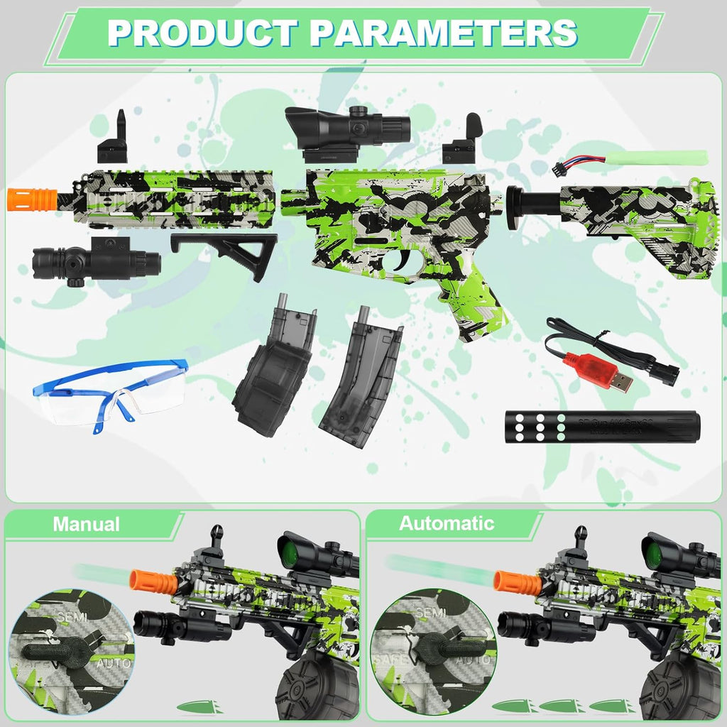 Large Gel Ball Blaster with Drum & Mag, Automatic and Manual Splatter Blaster with 40000 Gel Rounds, Electric Splat Blaster and Goggles (Green) H562692