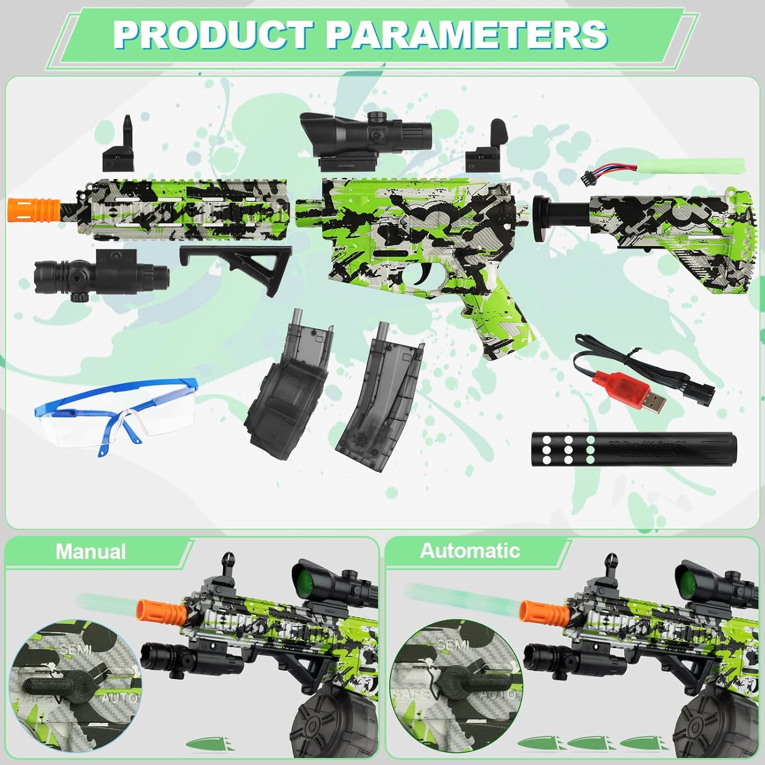 Large Gel Ball Blaster with Drum & Mag, Automatic and Manual Splatter Blaster with 40000 Gel Rounds, Electric Splat Blaster and Goggles (Green) H562692