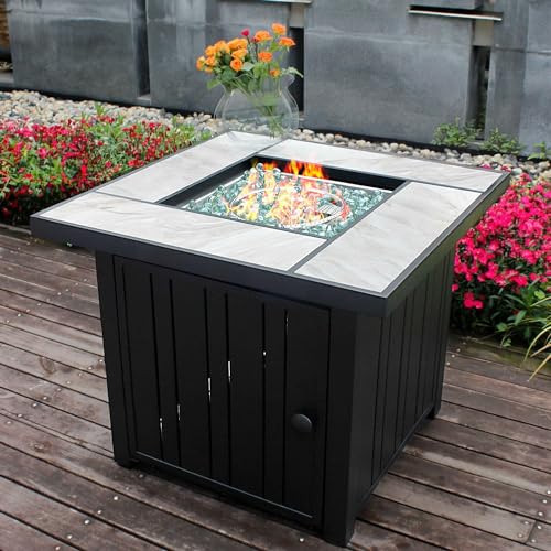 30" Propane Fire Pit with Real Ceramic Tabletop, 50000 BTU Gas Firepit Table with Lid & Glass Rock K6800