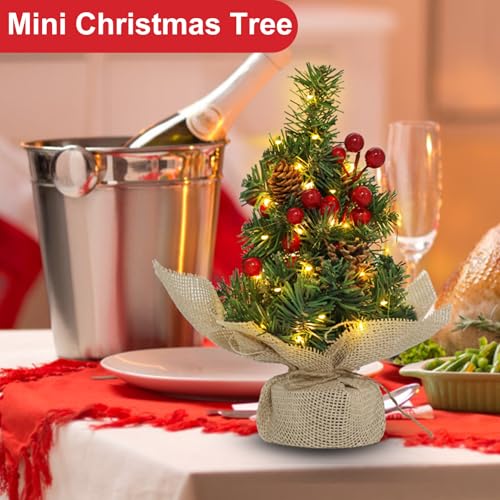 12 Inch Mini Tabletop Artificial Christmas Tree with Timer Lights Pinecones Red Berries Y4446