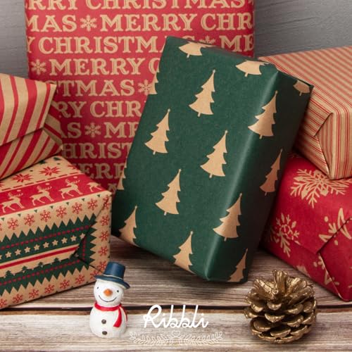 6 Rolls Kraft Christmas Wrapping Paper with Snowflake/Tree/Red Stripe/Merry Christmas Pattern, 17 inch x 120 inch Per Roll P58520